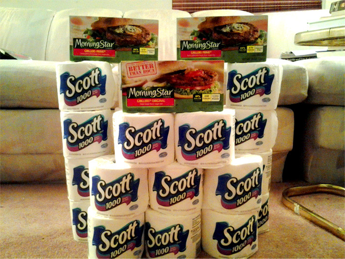 Bottom Dollar- 24 rolls of toilet paper and 3 boxes of Morning Star Veggie Burgers (a $40 value) for a total of $6.10