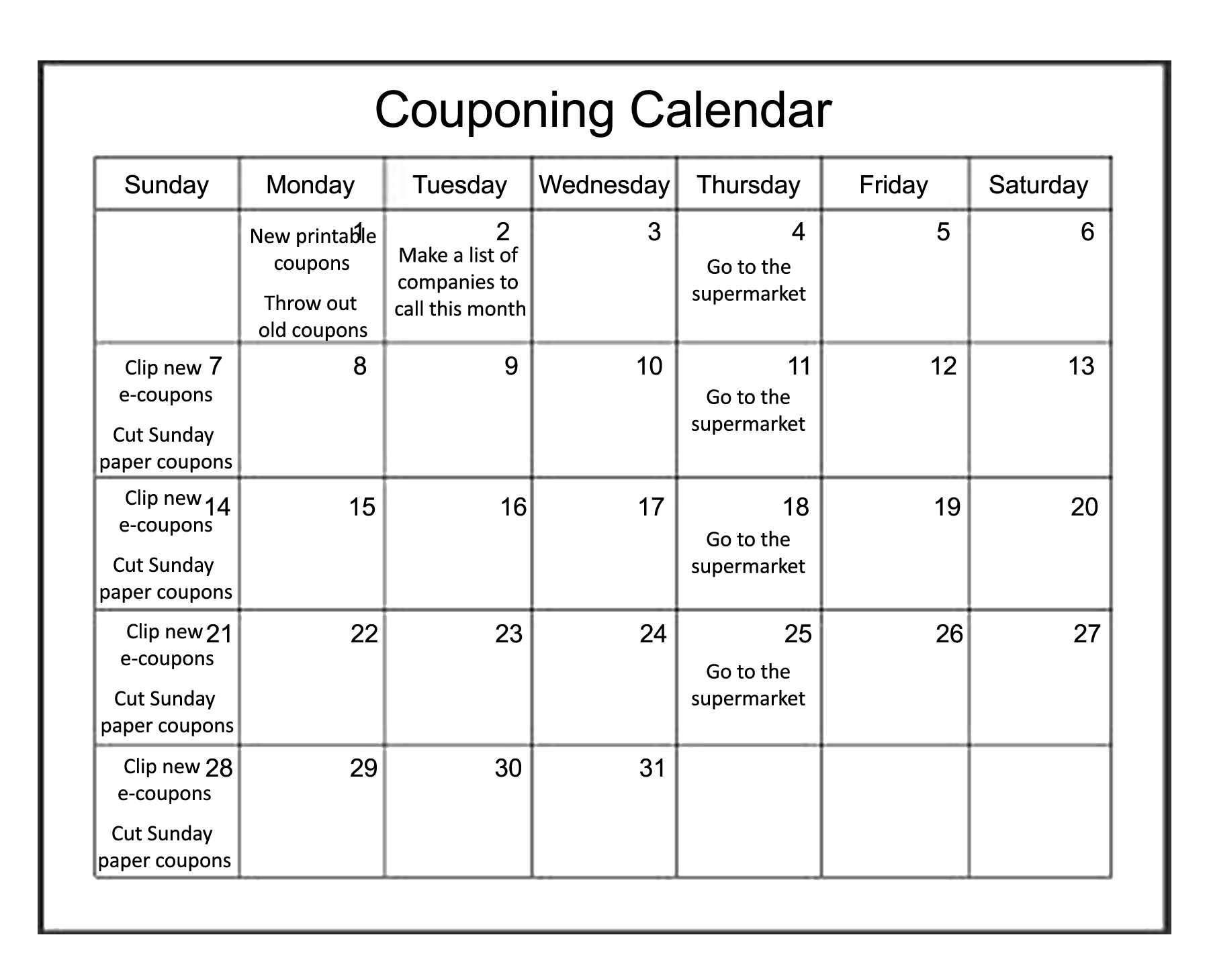 Couponing Calendar